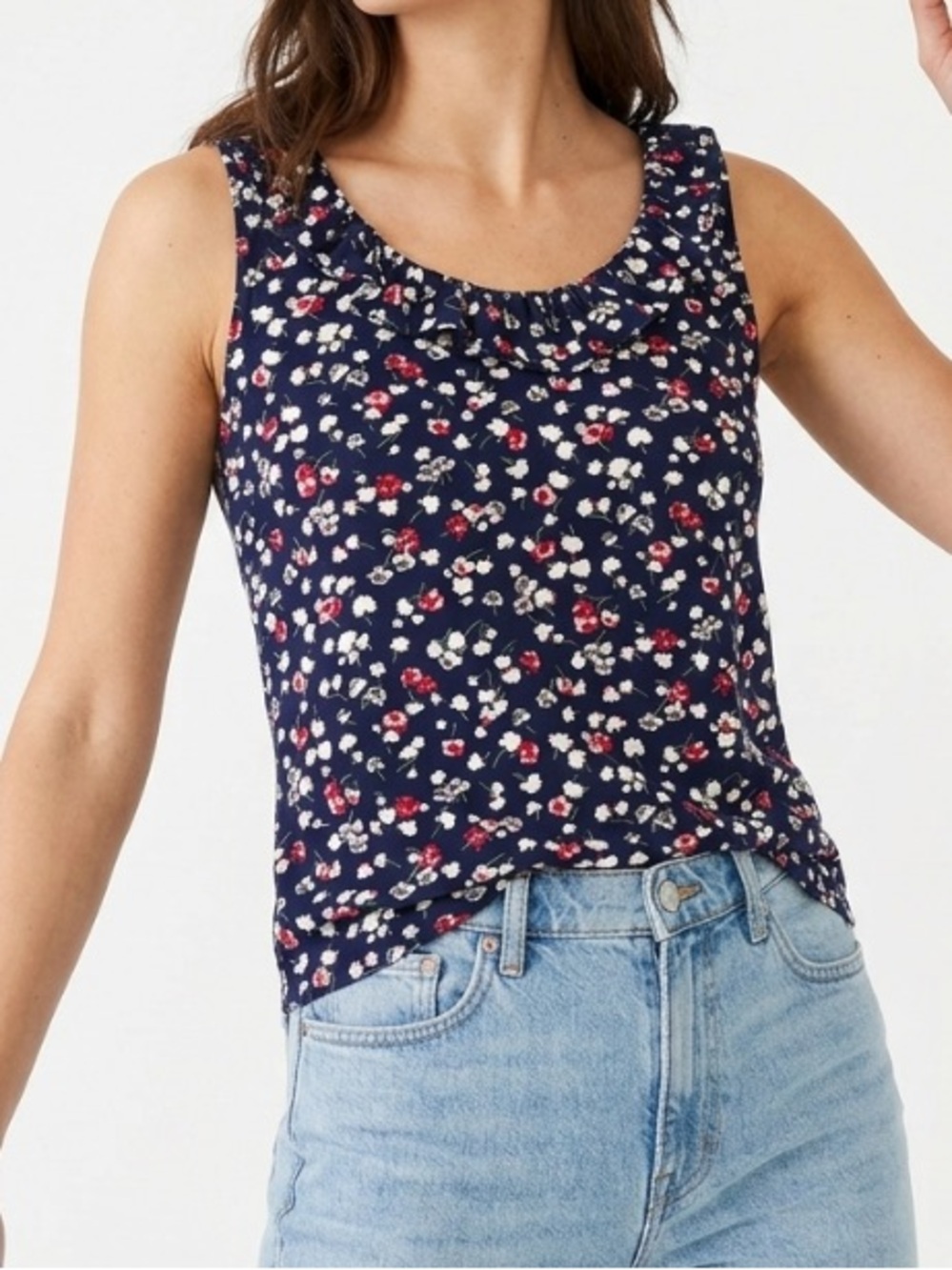 CHAPS Navy Floral Ruffle Scoop Neck Sleeveless Tank Cotton Blouse Petite xlp